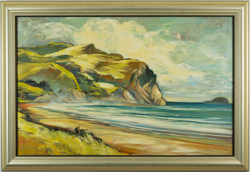 Landscape with beach scene & rocky mountain