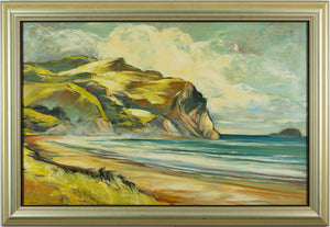 Landscape with beach scene & rocky mountain