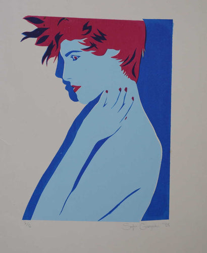 Blue woman with red hair and nails & lips